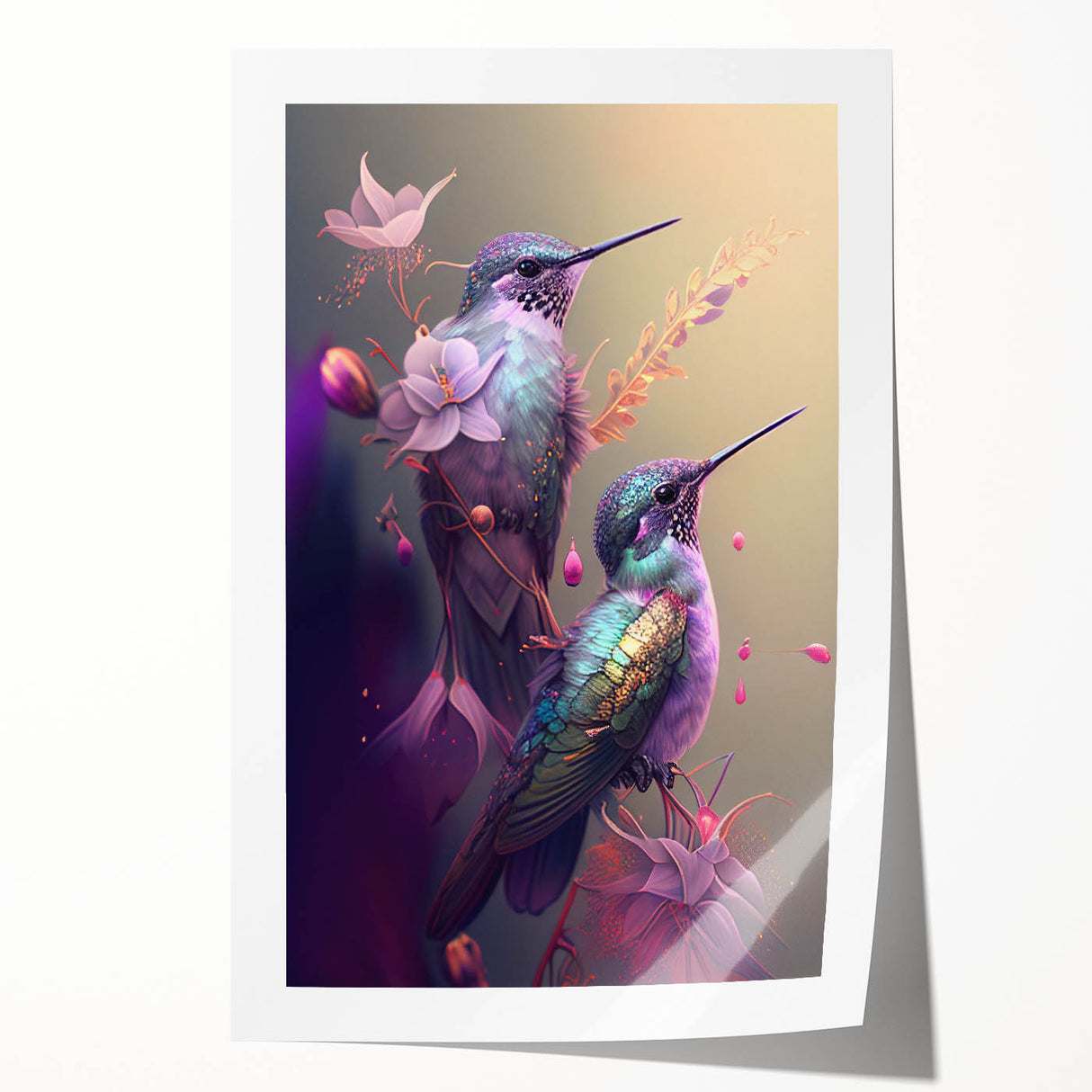 Colorful hummingbird wall art print featuring intricate designs and vibrant details on a rolled canvas, perfect for home decor enthusiasts and nature lovers.