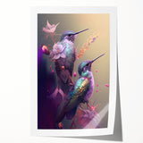 Colorful hummingbird wall art print featuring intricate designs and vibrant details on a rolled canvas, perfect for home decor enthusiasts and nature lovers.