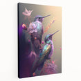 Stretched canvas wall art featuring a vibrant hummingbird design in rich colors, ideal for adding a lively touch to home decor, showcased in a side view.