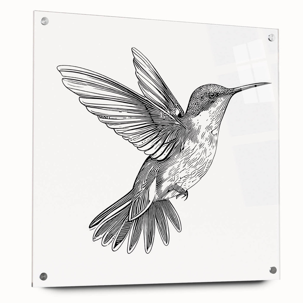 Acrylic wall art featuring a vibrant hummingbird design, showcasing vivid colors and intricate details, displayed in a side view with decorative pins for easy mounting. Perfect for nature-inspired decor and bird enthusiasts.