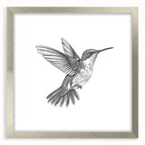 Framed wall art featuring a vibrant hummingbird design in a silver frame, showcasing intricate details and colorful accents, perfect for home decor.