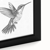 Close-up of a framed canvas wall art piece depicting vibrant hummingbirds amidst colorful floral patterns, showcasing intricate details and rich hues in a decorative setting. Ideal for nature lovers and home decor enthusiasts.