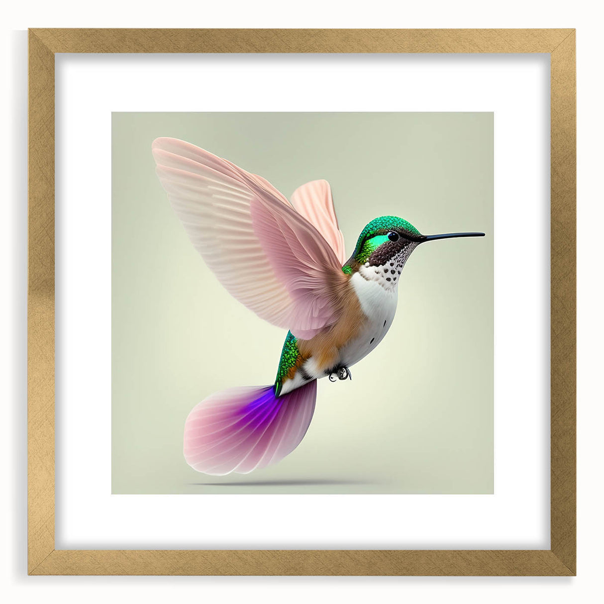 Gold-framed wall art showcasing a vibrant hummingbird design, beautifully matted for an elegant finish, ideal for enhancing home decor with nature-inspired elegance.