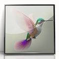 Framed acrylic wall art featuring a vibrant hummingbird design in shades of blue and green, set against a sleek black frame, ideal for nature lovers and home decor enthusiasts.