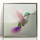 Framed wall art featuring a vibrant hummingbird design with gold accents, displayed in an elegant acrylic frame, perfect for adding color to any room.