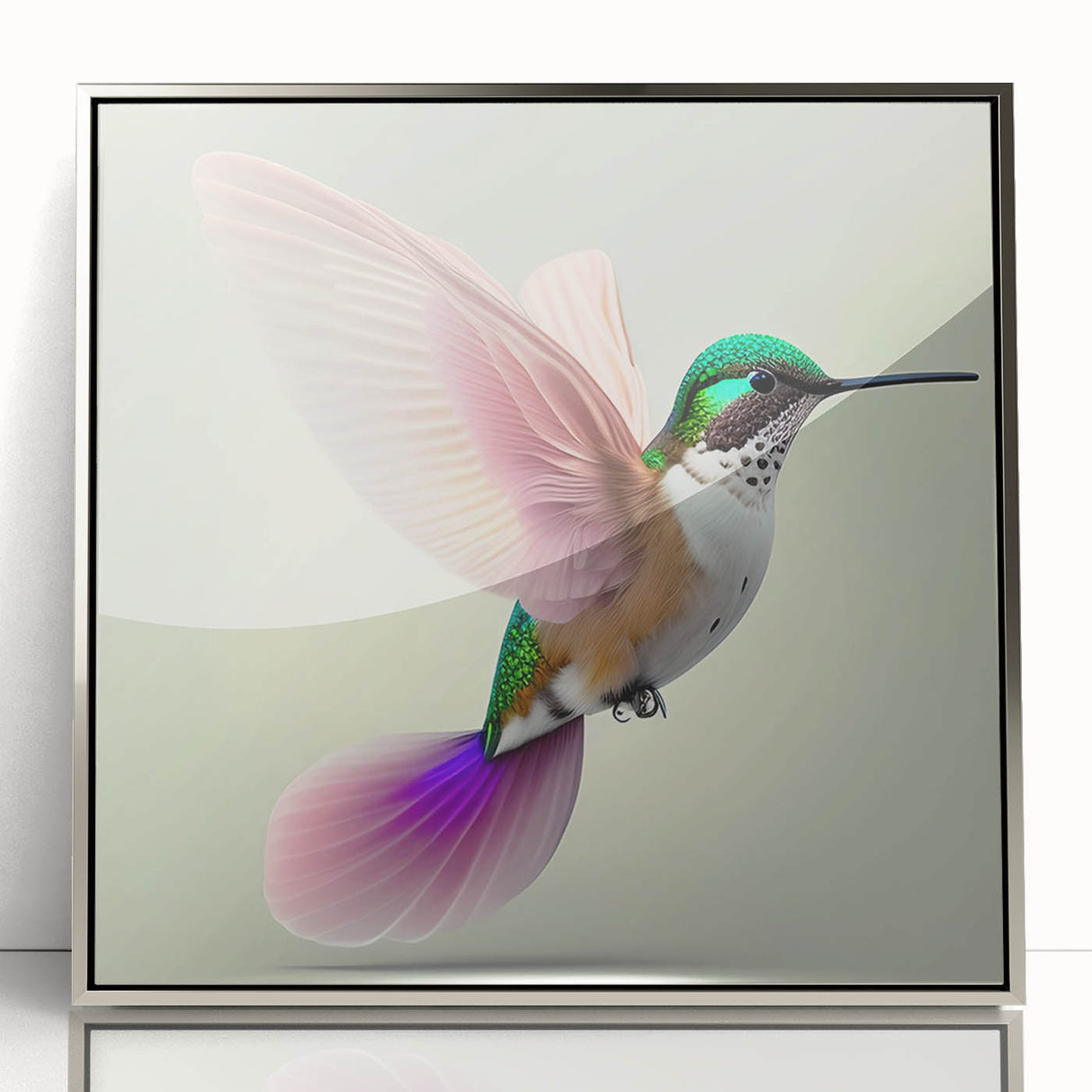 Framed acrylic wall art featuring a vibrant hummingbird design with silver accents, ideal for adding a touch of elegance to modern decor. Perfect for nature enthusiasts.