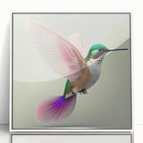 Framed wall art featuring a vibrant hummingbird design in acrylic, showcasing intricate details and vivid colors, ideal for enhancing home decor.