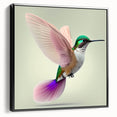 Framed canvas wall art featuring vibrant hummingbird design in shades of green and blue, presented in a sleek black frame, perfect for home decor.