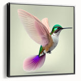 Framed canvas wall art featuring vibrant hummingbird design in shades of green and blue, presented in a sleek black frame, perfect for home decor.