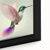 Close-up of a framed canvas wall art featuring a vibrant hummingbird design in an array of colors, highlighting intricate details and textures, perfect for home decor.