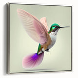 Framed wall art featuring a vibrant hummingbird design on canvas with a silver frame, showcasing intricate details and bright colors, ideal for home decor.