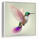 Framed canvas wall art featuring a vibrant hummingbird design in colorful detail, showcasing a white frame, ideal for nature enthusiasts and home decor.