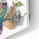Close-up of a vibrant hummingbird wall art design on acrylic glass, showcasing intricate details and vivid colors, perfect for nature lovers' decor.