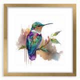 Elegant gold-framed wall art featuring a vibrant hummingbird design, set against a soft background, ideal for enhancing home decor with nature-inspired aesthetics.