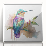 Framed wall art featuring a vibrant hummingbird design in a white frame, showcasing intricate colors and details, perfect for nature enthusiasts and home decor.