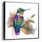 Framed wall art showcasing a vibrant hummingbird design on textured canvas, set against a sleek black frame, ideal for adding color and elegance to any room.