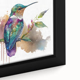 Close-up of a framed canvas depicting a vibrant hummingbird design, showcasing intricate details and vivid colors, perfect for nature-inspired home decor.