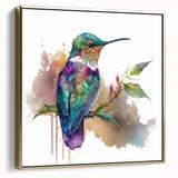 Framed canvas wall art featuring a vibrant hummingbird design in gold tones, showcasing intricate details and textures, ideal for home decor.