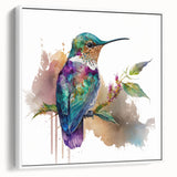 Framed wall art featuring a vibrant hummingbird design on a white canvas, showcasing intricate details and colorful patterns, ideal for home decor enhancement.