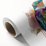 Vibrant rolled canvas featuring a colorful hummingbird design in a whimsical, artistic style, ideal for enhancing home decor. Perfect for nature lovers.