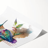 Colorful hummingbird wall art design in a rolled print format, showcasing vibrant hues and intricate details, ideal for home decor and artistic displays.