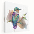 Vibrant hummingbird wall art design on stretched canvas, showcasing rich colors and intricate details, perfect for enhancing home decor with a nature-inspired touch.