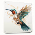 Vibrant hummingbird wall art design displayed in an acrylic frame, showcasing detailed colors and intricate patterns, ideal for nature-themed decor.