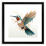 Hummingbird wall art design in a sleek black frame with mat, showcasing vibrant colors and intricate details, perfect for modern home decor.