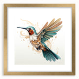 Framed wall art featuring a vibrant hummingbird design in gold accents, set in a stylish mat for an elegant display, perfect for nature-inspired decor.