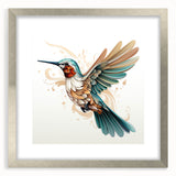 Framed wall art featuring a beautiful hummingbird design in vibrant colors, set in a silver frame with a mat, ideal for enhancing home decor. Perfect for bird lovers.
