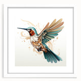 Framed wall art showcasing a vibrant hummingbird design, featuring intricate details and a white mat, perfect for enhancing modern home decor.