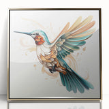 Framed wall art featuring an elegant hummingbird design with vibrant colors and gold accents, perfect for enhancing any modern decor style.