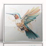 Framed wall art showcasing a vibrant hummingbird design with colorful details, set against a sleek white background, ideal for brightening home decor.