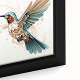 Close-up of a framed hummingbird wall art piece showcasing vibrant colors and intricate details, perfect for enhancing any living space with nature-inspired decor.