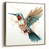 Framed wall art featuring a side view of a stunning gold hummingbird design on canvas, perfect for home décor, showcasing vibrant colors and intricate details.