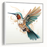 Framed wall art featuring a vibrant hummingbird design on a white canvas, showcasing intricate details and colors, perfect for home decor.