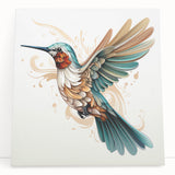 Vibrant hummingbird wall art design on stretched canvas, showcasing intricate details and rich colors, perfect for enhancing home decor with a nature-inspired theme.