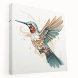 Stretched canvas wall art featuring a vibrant hummingbird design in vivid colors, ideal for enhancing any room's decor with a touch of nature and elegance.