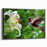 Framed wall art featuring a vibrant hummingbird design on black canvas, showcasing intricate details and a sleek side view, perfect for modern decor.