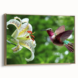 Framed wall art showcasing a vibrant hummingbird design on canvas, featuring gold accents and a sleek side view, perfect for enhancing modern decor.