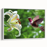 Framed wall art featuring a vibrant hummingbird design on a white canvas, showcasing rich colors and intricate details, perfect for enhancing home decor.