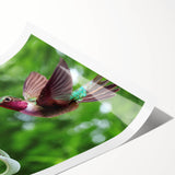 Vibrant hummingbird wall art print featuring intricate floral designs in shades of blue and green, rolled for easy display and shipping. Perfect for nature lovers.