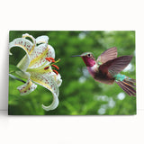 Vibrant hummingbird wall art on stretched canvas, showcasing intricate details and bright colors, ideal for enhancing modern home decor and nature-themed interiors.