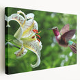 Stretched canvas wall art featuring a vibrant hummingbird design in shades of green and blue, ideal for nature lovers and home decor enthusiasts, displayed from the side.