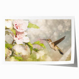 Vibrant illustration of hummingbirds surrounded by colorful floral elements, printed on high-quality canvas, perfect for home decor or art collection.