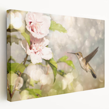 Stretched canvas wall art showcasing a vibrant hummingbird design in bright colors, ideal for adding a whimsical touch to home decor. Perfect for bird lovers.