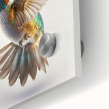 Close-up of vibrant hummingbird wall art printed on acrylic glass, showcasing intricate details and vivid colors, perfect for modern decor and nature enthusiasts.