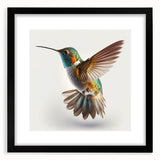 Framed wall art featuring a vibrant hummingbird design in a black mat, showcasing intricate details and bright colors, perfect for enhancing home decor.