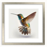 Framed wall art featuring a vibrant hummingbird design in a silver frame with a white mat, ideal for adding a touch of nature to home decor.