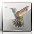 Framed acrylic wall art showcasing an elegant hummingbird design with vibrant colors, set against a sleek black frame, perfect for modern home decor.
